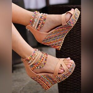 Beige Platform Wedge Sandals with Beaded Ankle Detail – Size 6